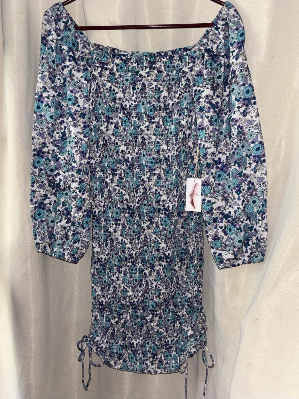 Jessica Simpson Sz S Floral Smocked Mini Dress Blue Ruched Body Puff Sleeve Boho